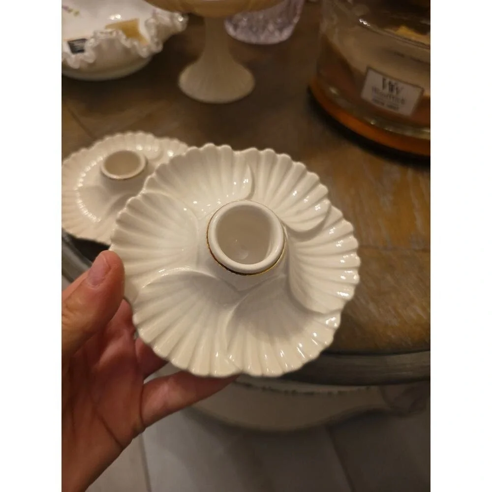 Lenox Shell Candlestick Candle Holders Set of 2 Ivory Gold Trim EUC Elegant‎